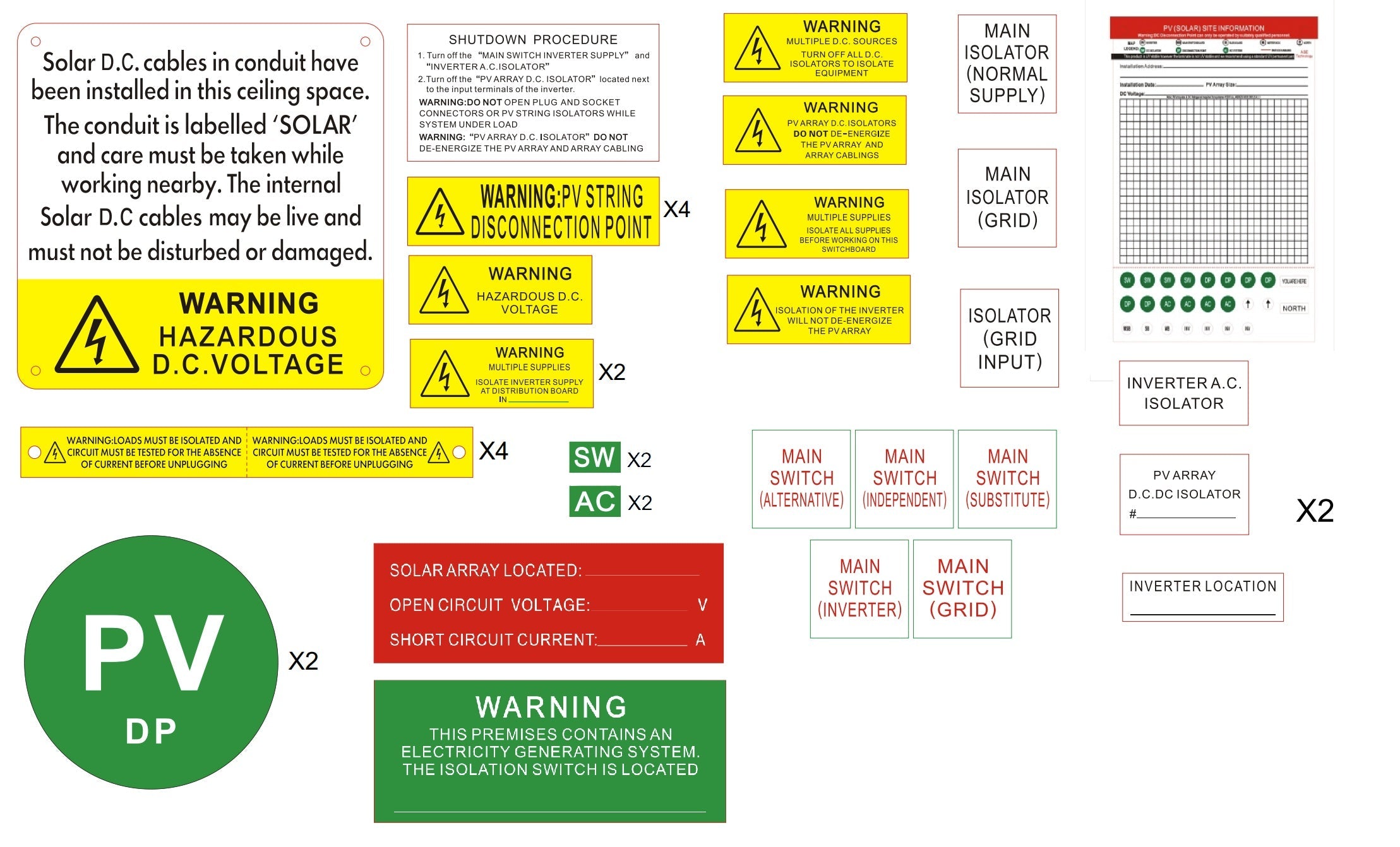 Solar Label Kit Compliant with AS/NZS 4777.1:2024 and AS/NZS 5033:2021 suitable for 2 strings