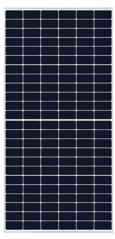 A rectangular solar panel with a grid of dark blue photovoltaic cells arranged in a structured pattern, separated by thin white lines, encased in a silver or white metal frame